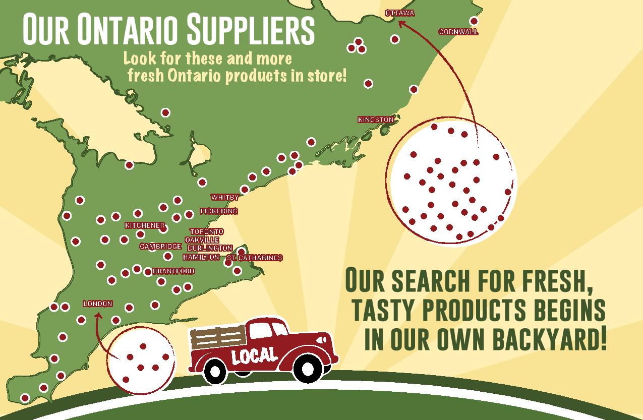 Map of Ontario pinpointing Farm Boy's local suppliers.