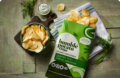 An image shows a packet of Humble potato chips and some chips in a bowl.