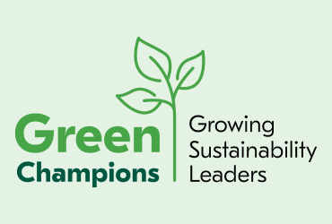 Text reading," Green Champions, Growing, Sustainability, Leaders."