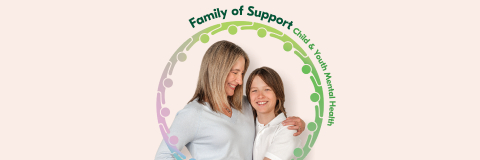 Text reading, "Family & Support Child & Youth Mental Health,' along with a woman hugging her daughter and smiling."