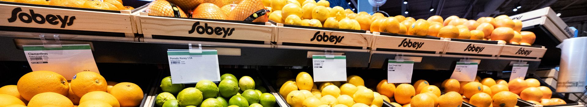A grocery store display with wooden bins labeled "Sobeys," holding a variety of citrus fruits including oranges, lemons, and limes.