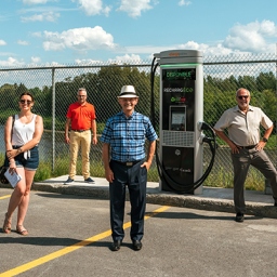 In this image, some people are standing in front of the IGA Ev charger and getting their picture taken.