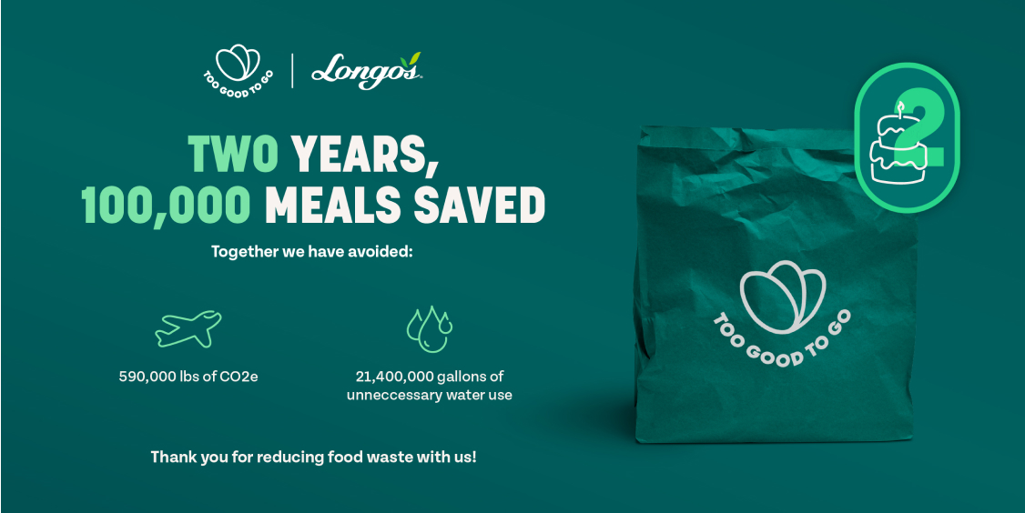 Text reading, " Too good to go and Longos provide two years, 100,000 meals saved."